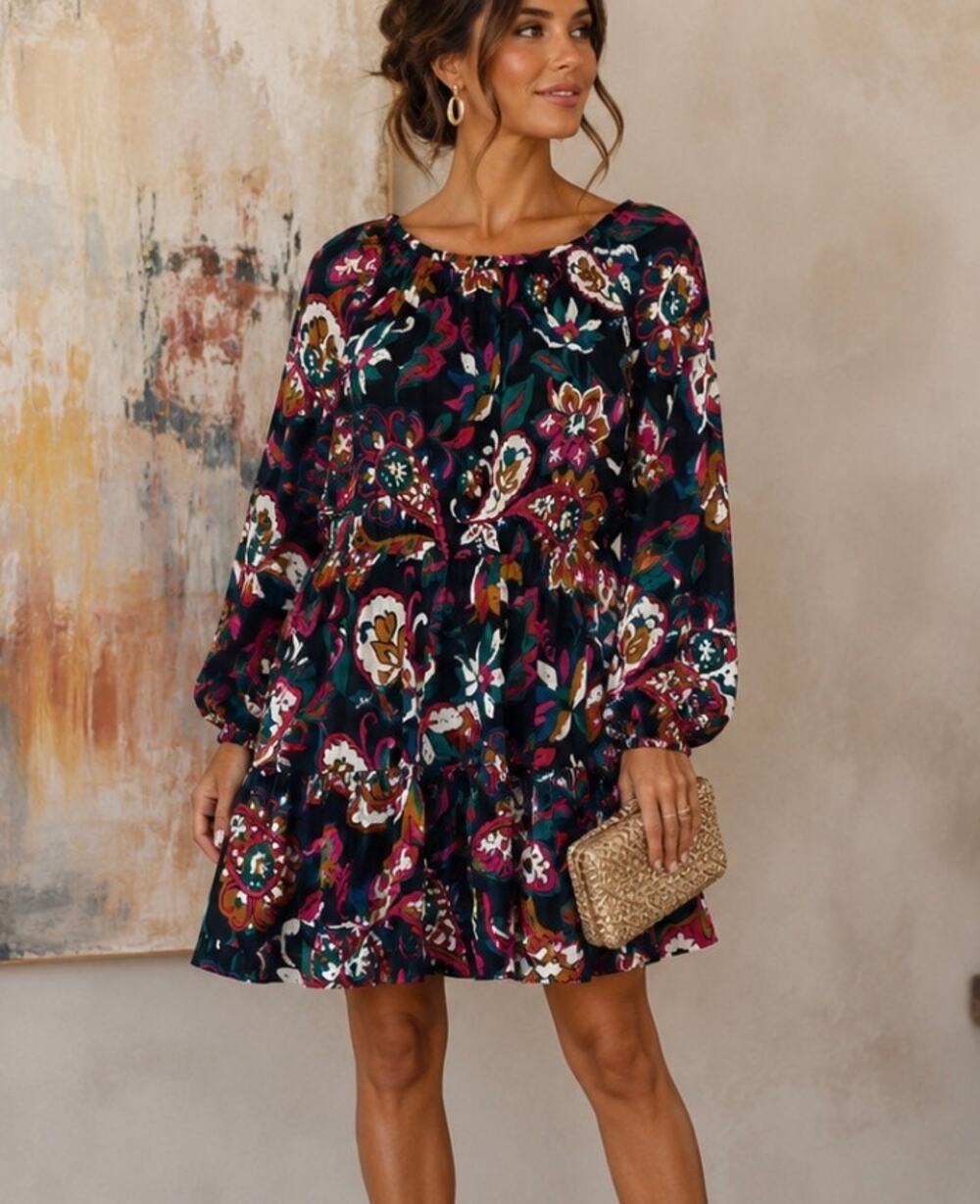 LOFT Outlet Floral Paisley Long Sleeve Tiered Mini Dress Size Medium